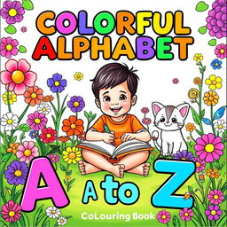 A delightful and colorful cover for a children's coloring book titled 'Colorful Alphabet: A to Z'