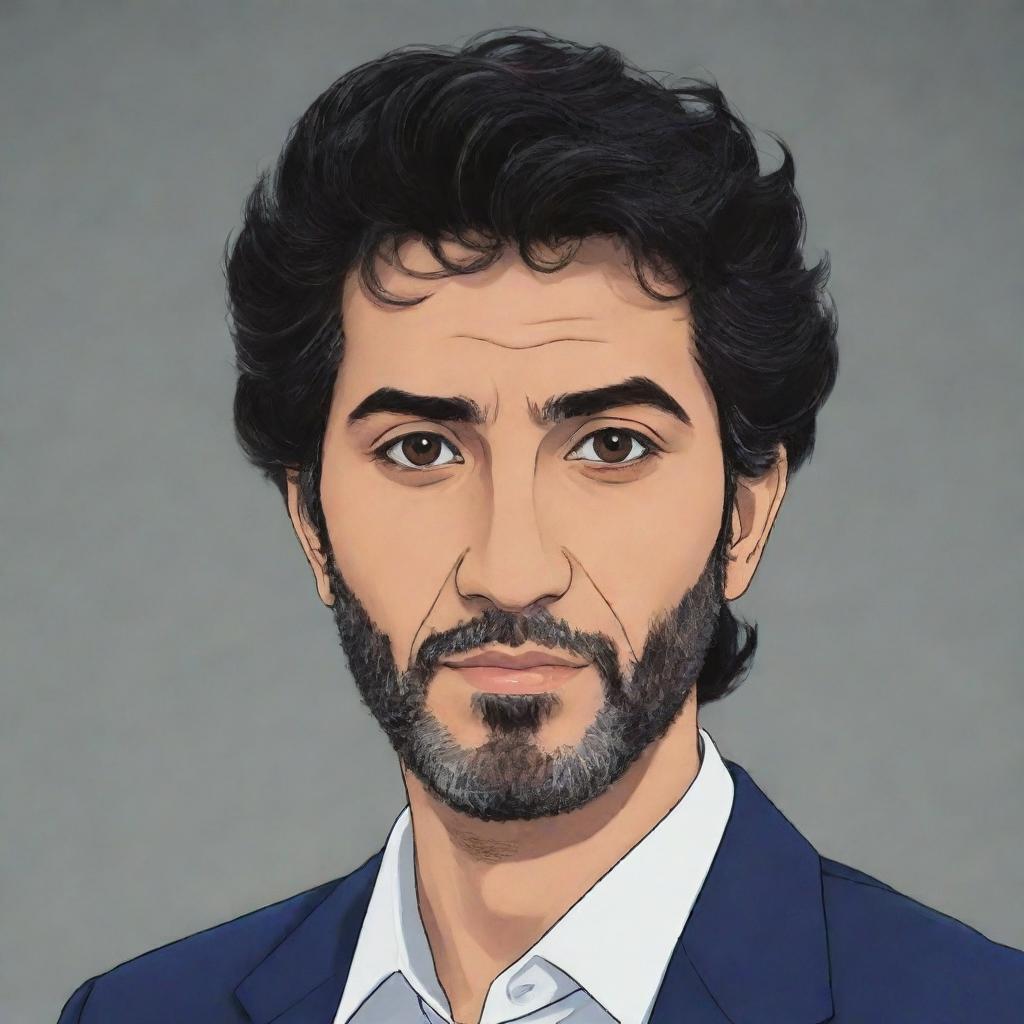 An anime-styled representation of Mohsen Yeganeh