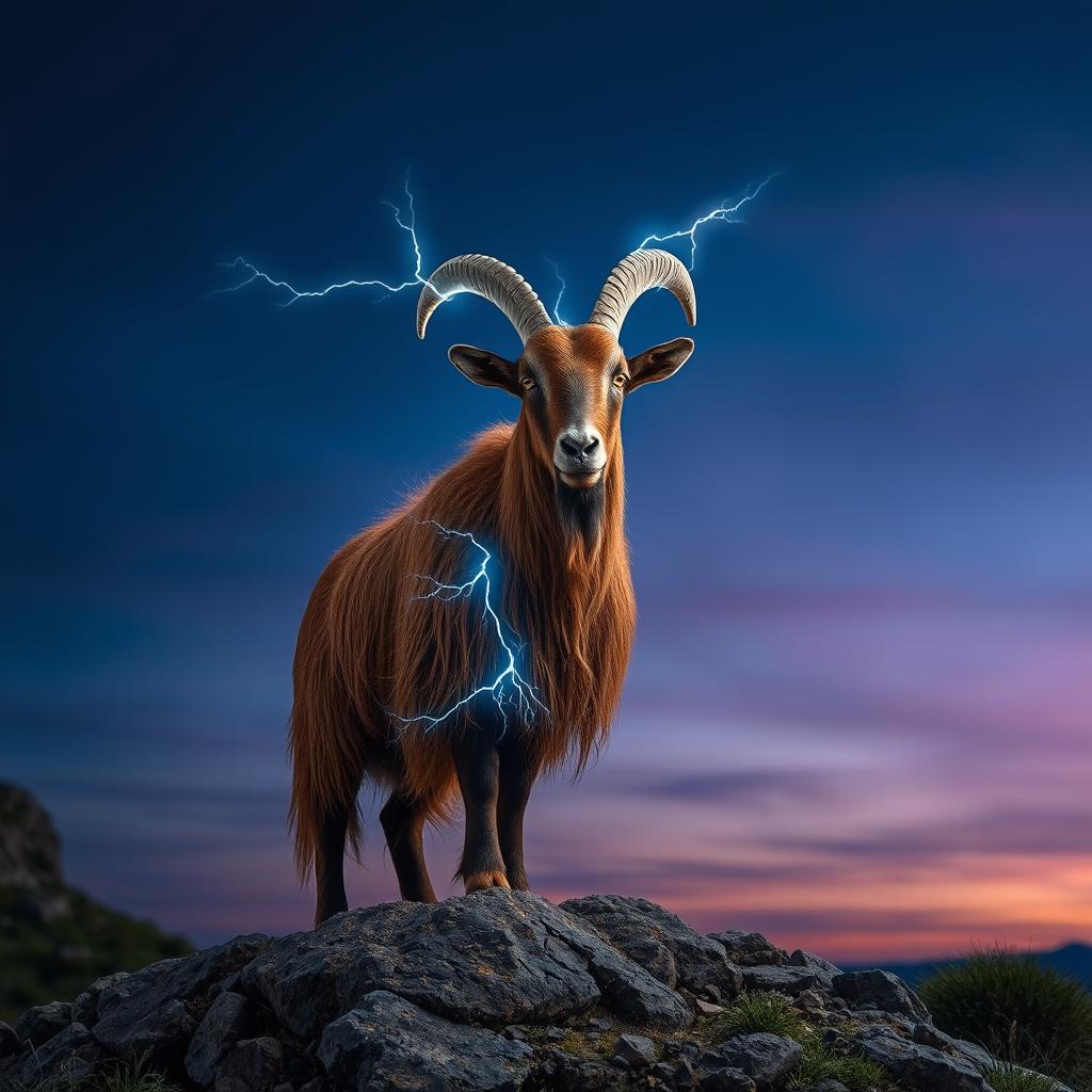 A majestic roan billy goat with a shaggy, reddish-brown coat, standing proudly on a rocky outcrop