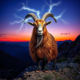 A majestic roan billy goat with a shaggy, reddish-brown coat, standing proudly on a rocky outcrop