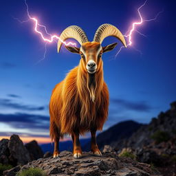 A majestic roan billy goat with a shaggy, reddish-brown coat, standing proudly on a rocky outcrop