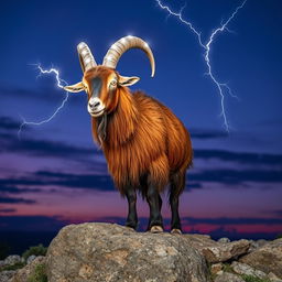 A majestic roan billy goat with a shaggy, reddish-brown coat, standing proudly on a rocky outcrop