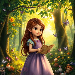 A beautiful, enchanting forest scene depicting a young girl named Sofia on her journey