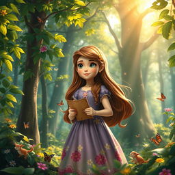 A beautiful, enchanting forest scene depicting a young girl named Sofia on her journey