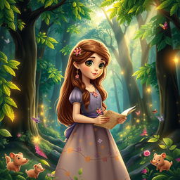 A beautiful, enchanting forest scene depicting a young girl named Sofia on her journey