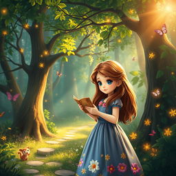 A beautiful, enchanting forest scene depicting a young girl named Sofia on her journey