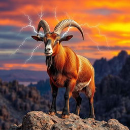 A striking roan billy goat with a rich, reddish-brown coat, prominently displayed against a rocky landscape