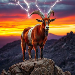 A striking roan billy goat with a rich, reddish-brown coat, prominently displayed against a rocky landscape