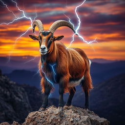 A striking roan billy goat with a rich, reddish-brown coat, prominently displayed against a rocky landscape