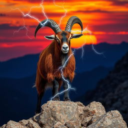 A striking roan billy goat with a rich, reddish-brown coat, prominently displayed against a rocky landscape