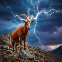 A striking roan goat with a beautiful reddish-brown coat, standing regally on a rocky hillside