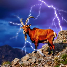 A striking roan goat with a beautiful reddish-brown coat, standing regally on a rocky hillside