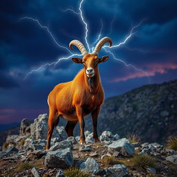 A striking roan goat with a beautiful reddish-brown coat, standing regally on a rocky hillside