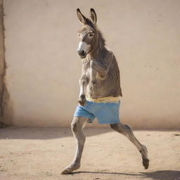 A donkey wearing a pair of shorts in a comedic scene