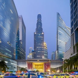 The front entrance of the Police Headquarters during the day, situated prominently in the bustling central business district, displaying rigorous security measures alongside bustling city life.