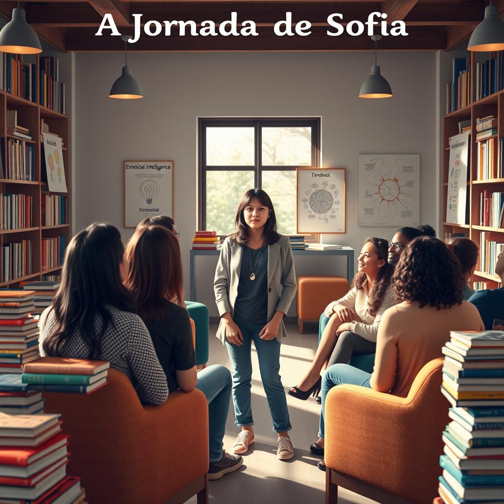 A thought-provoking scene depicting 'A Jornada de Sofia: Inteligência Emocional Aplicada