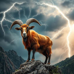 A captivating roan goat with a lush, reddish-brown coat standing atop a rocky cliff