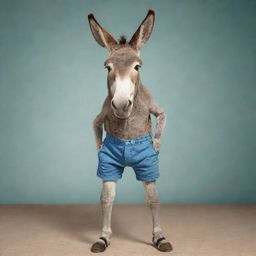 A donkey wearing a pair of shorts in a comedic scene