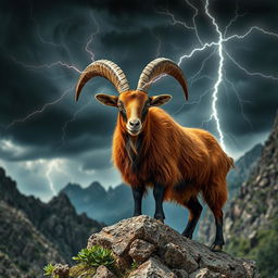 A captivating roan goat with a lush, reddish-brown coat standing atop a rocky cliff