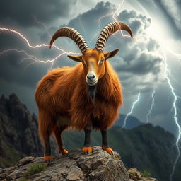 A captivating roan goat with a lush, reddish-brown coat standing atop a rocky cliff