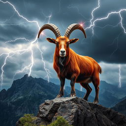 A captivating roan goat with a lush, reddish-brown coat standing atop a rocky cliff