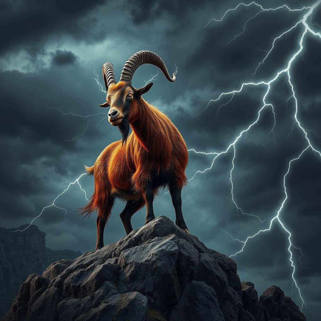 In a dark fantasy setting, a majestic roan Boer goat stands defiantly atop a craggy cliff under a stormy sky