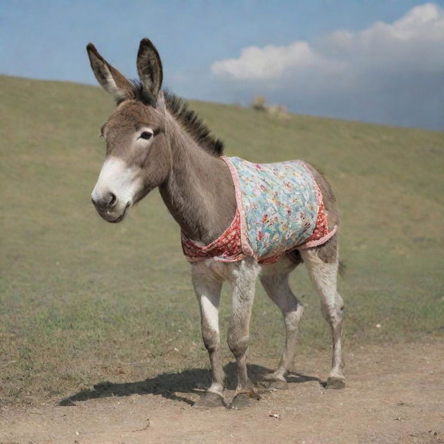 A donkey wearing a pair of shorts in a comedic scene