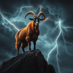 In a dark fantasy setting, a majestic roan Boer goat stands defiantly atop a craggy cliff under a stormy sky