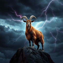 In a dark fantasy setting, a majestic roan Boer goat stands defiantly atop a craggy cliff under a stormy sky