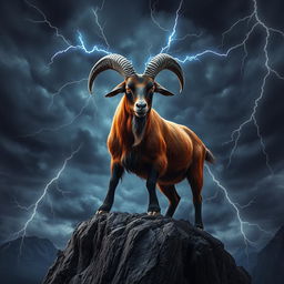 In a dark fantasy setting, a majestic roan Boer goat stands defiantly atop a craggy cliff under a stormy sky