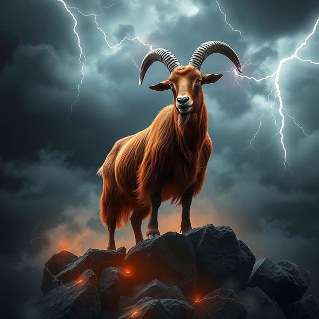 In a dark fantasy realm, a vivid roan Boer goat stands boldly on jagged rocks, surrounded by an ethereal mist