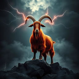 In a dark fantasy realm, a vivid roan Boer goat stands boldly on jagged rocks, surrounded by an ethereal mist