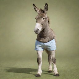 A donkey wearing a pair of shorts in a comedic scene