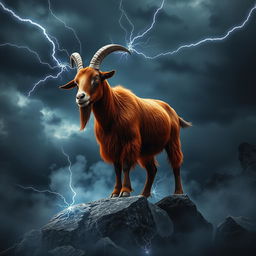 In a dark fantasy realm, a vivid roan Boer goat stands boldly on jagged rocks, surrounded by an ethereal mist