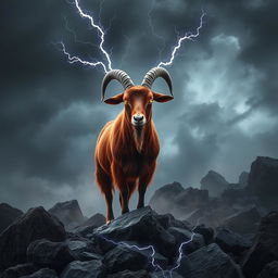 In a dark fantasy realm, a vivid roan Boer goat stands boldly on jagged rocks, surrounded by an ethereal mist