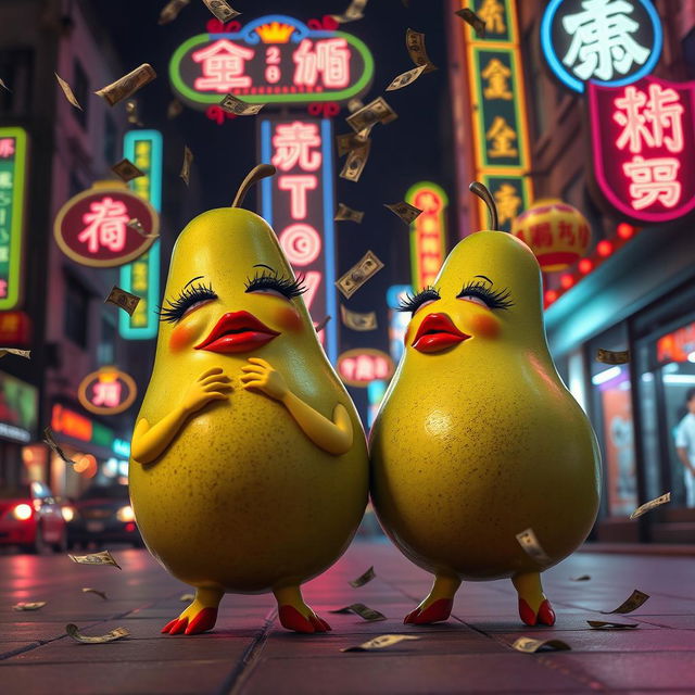 A lively and enchanting nighttime scene featuring two realistic feminine avocados, each adorned with very long eyelashes and big luscious red lips