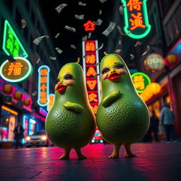 A lively and enchanting nighttime scene featuring two realistic feminine avocados, each adorned with very long eyelashes and big luscious red lips