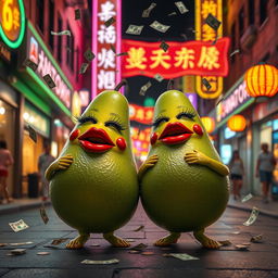 A lively and enchanting nighttime scene featuring two realistic feminine avocados, each adorned with very long eyelashes and big luscious red lips