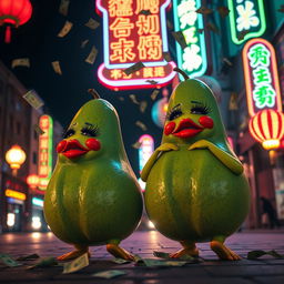 A lively and enchanting nighttime scene featuring two realistic feminine avocados, each adorned with very long eyelashes and big luscious red lips