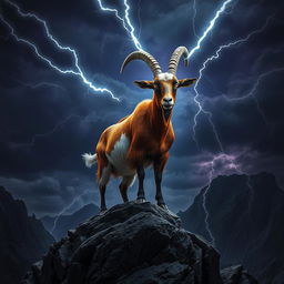 In a dark fantasy landscape, a striking roan Spanish goat stands majestically on a rugged outcrop