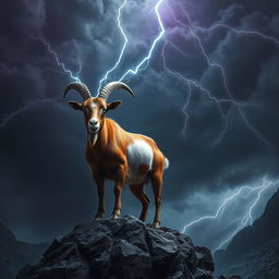 In a dark fantasy landscape, a striking roan Spanish goat stands majestically on a rugged outcrop