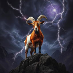 In a dark fantasy landscape, a striking roan Spanish goat stands majestically on a rugged outcrop