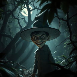 A hyper-realistic horror scene featuring a small man with an oversized hat in a dense jungle