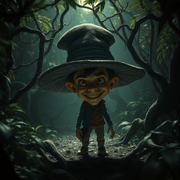 A hyper-realistic horror scene featuring a small man with an oversized hat in a dense jungle