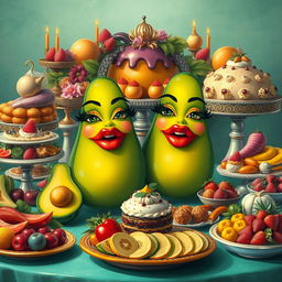 A whimsical and vibrant scene featuring two feminine avocados, both with big luscious lips and long elegant eyelashes