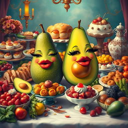 A whimsical and vibrant scene featuring two feminine avocados, both with big luscious lips and long elegant eyelashes