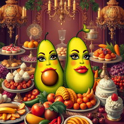 A whimsical and vibrant scene featuring two feminine avocados, both with big luscious lips and long elegant eyelashes