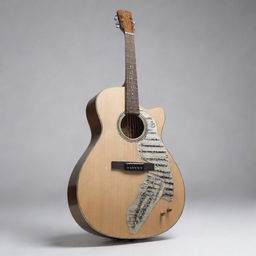 A guitar with a piano design overlayed onto its body