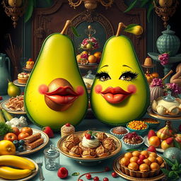 A whimsical and vibrant scene featuring two feminine avocados, both with big luscious lips and long elegant eyelashes