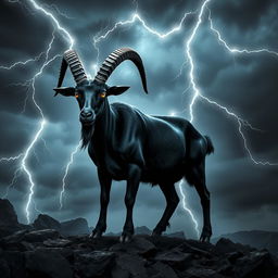 In a dark fantasy landscape, a striking black Spanish goat stands majestically against a backdrop of ominous storm clouds